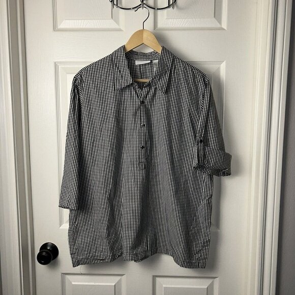 Liz Claiborne Lizsport Black Check Print Snap Button Rolled Sleeved Shirt Sz XL - Picture 2 of 8